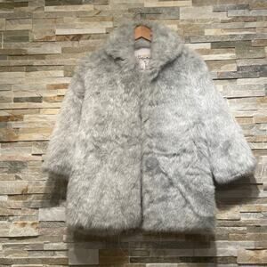Lyre Bird Vintage Faux Fur Coat | Gray Silver Plush Swing Jacket, Hook Closures